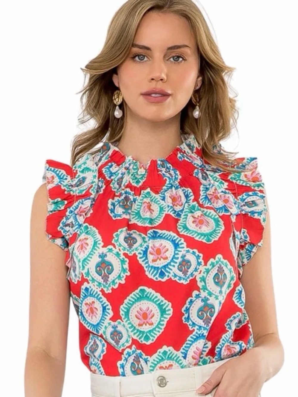 THML Red Floral Print Ruffle Sleeve Camisole